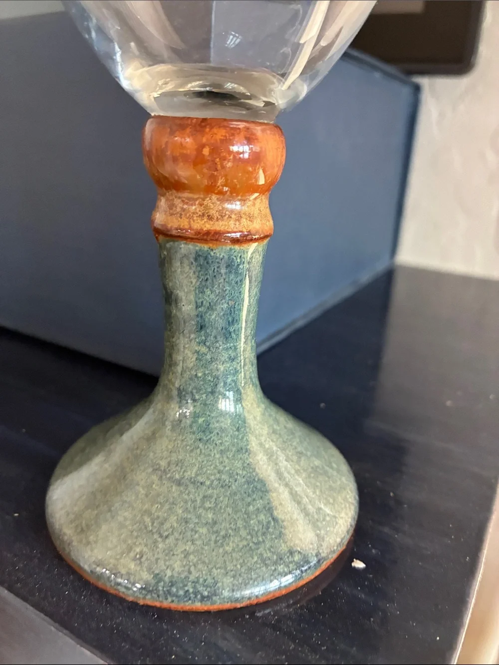 BLUE Pottery Stem Wine Glass Goblet CLEAR GLASS TOP